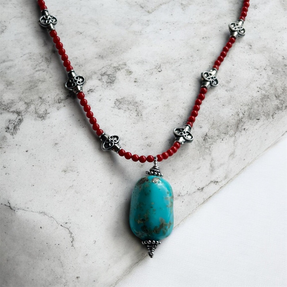 Genuine Turquoise Coral Sterling Silver Necklace Hand Cast Serpent Clasp Artisan